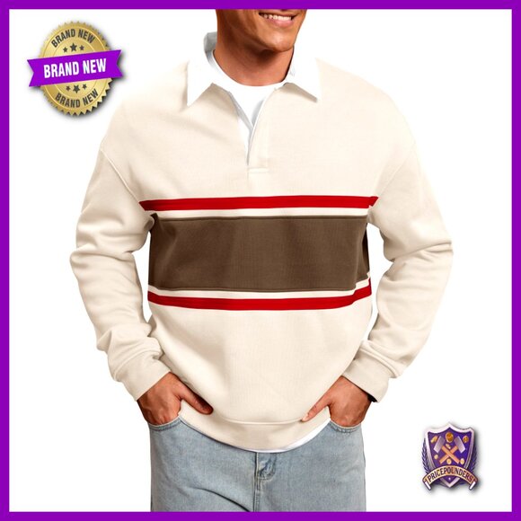 Other - Men's Fleece-Lined Rugby Polo Sweatshirt Heavyweight Long Sleeve Regular Fit